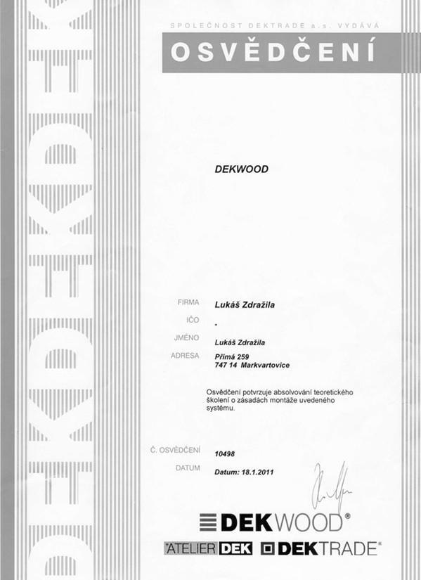 Certifikát Dekwood